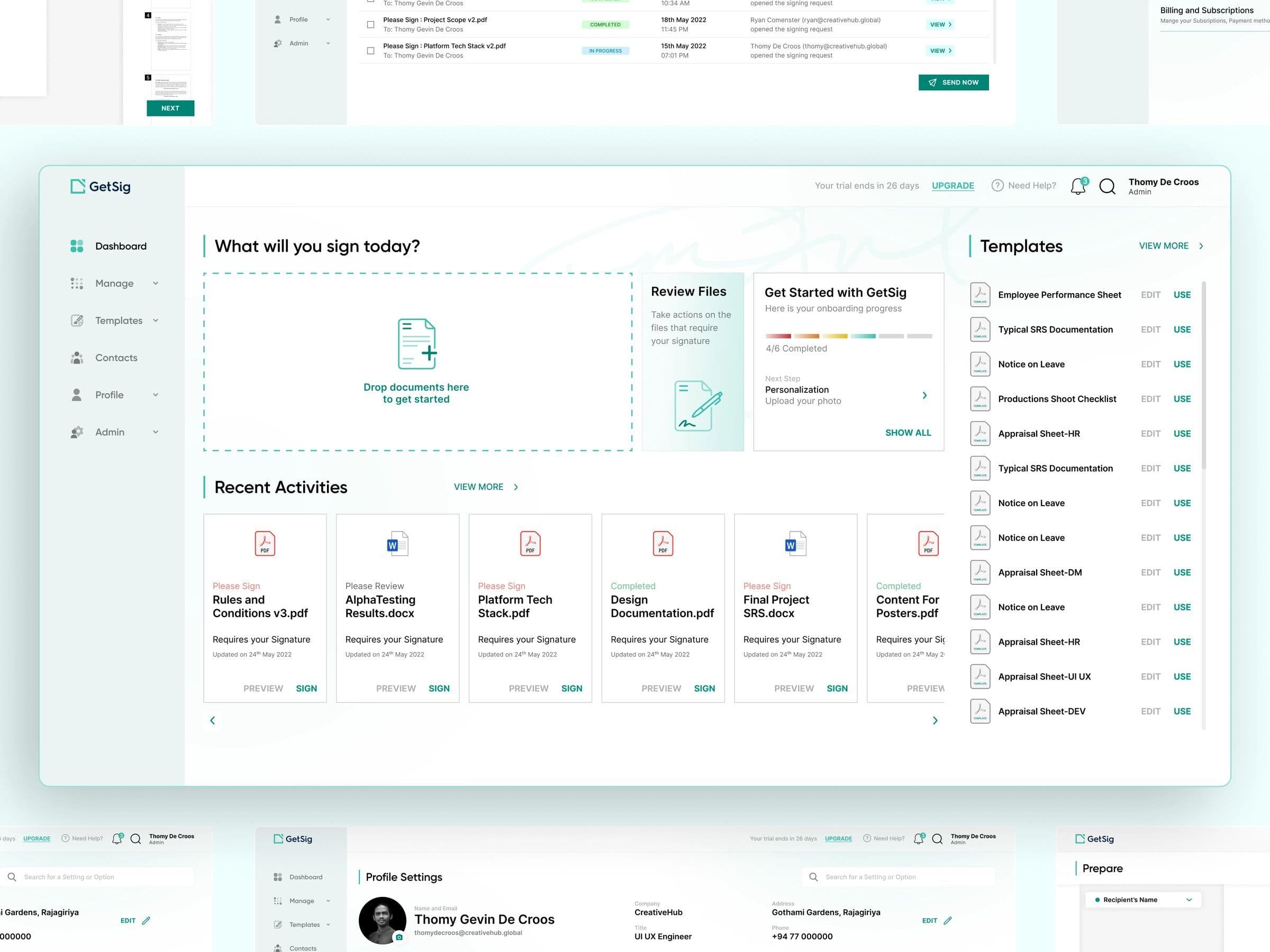 The redesigned GetSig dashboard in the light theme: a drop zone asking what you will sign today, an onboarding checklist, recent documents and a templates list.