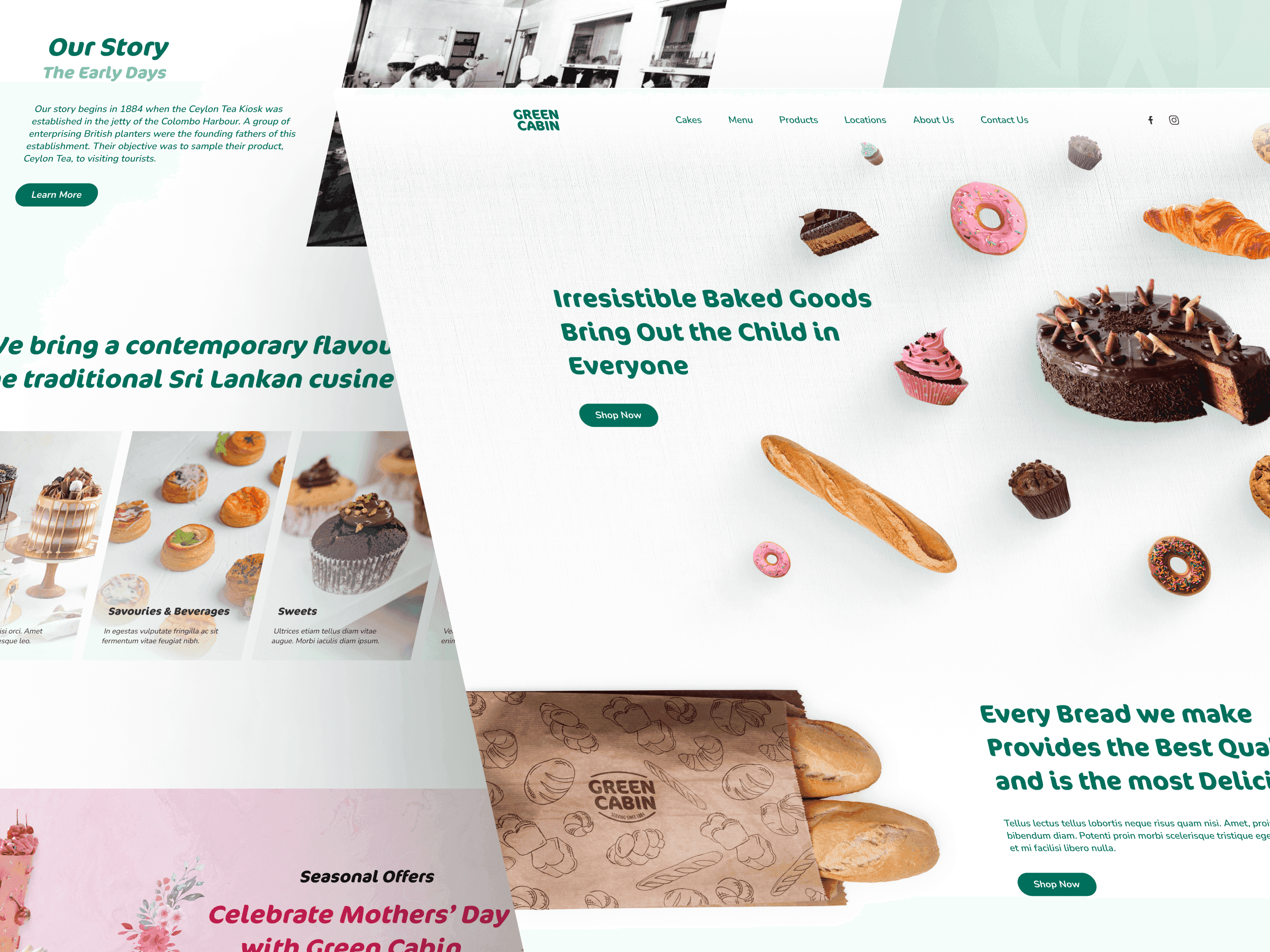 The Green Cabin home page: cakes, doughnuts and bread around the headline Irresistible baked goods bring out the child in everyone, with the brand story behind it.