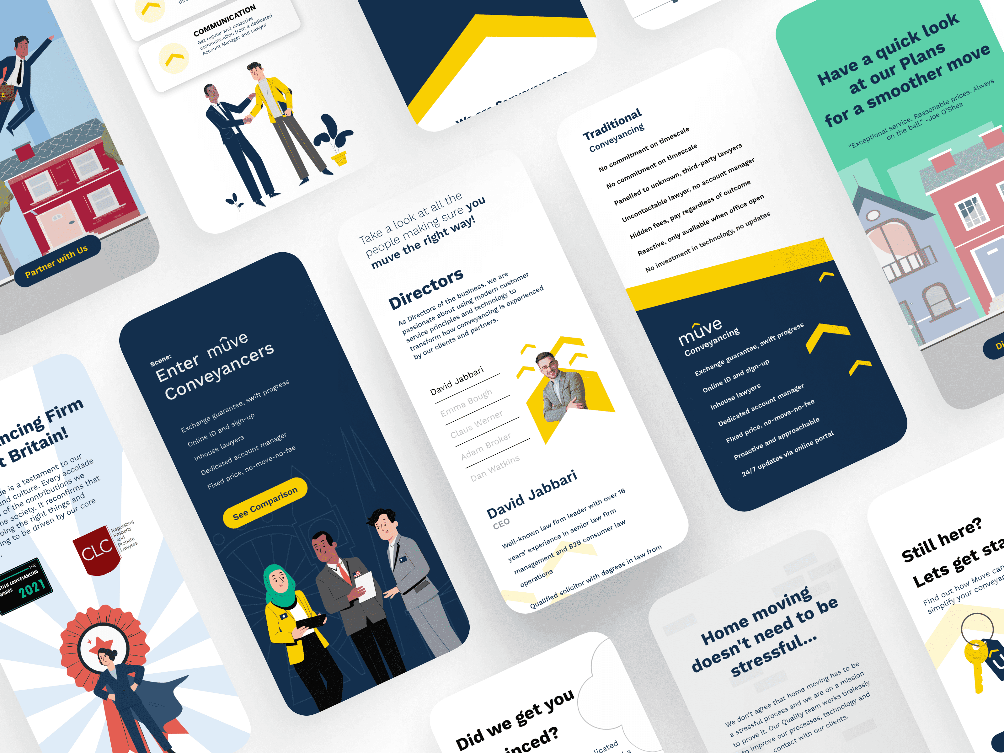 A spread of Muve UK mobile screens in navy and yellow: the home page, the directors, traditional conveyancing and contact options.