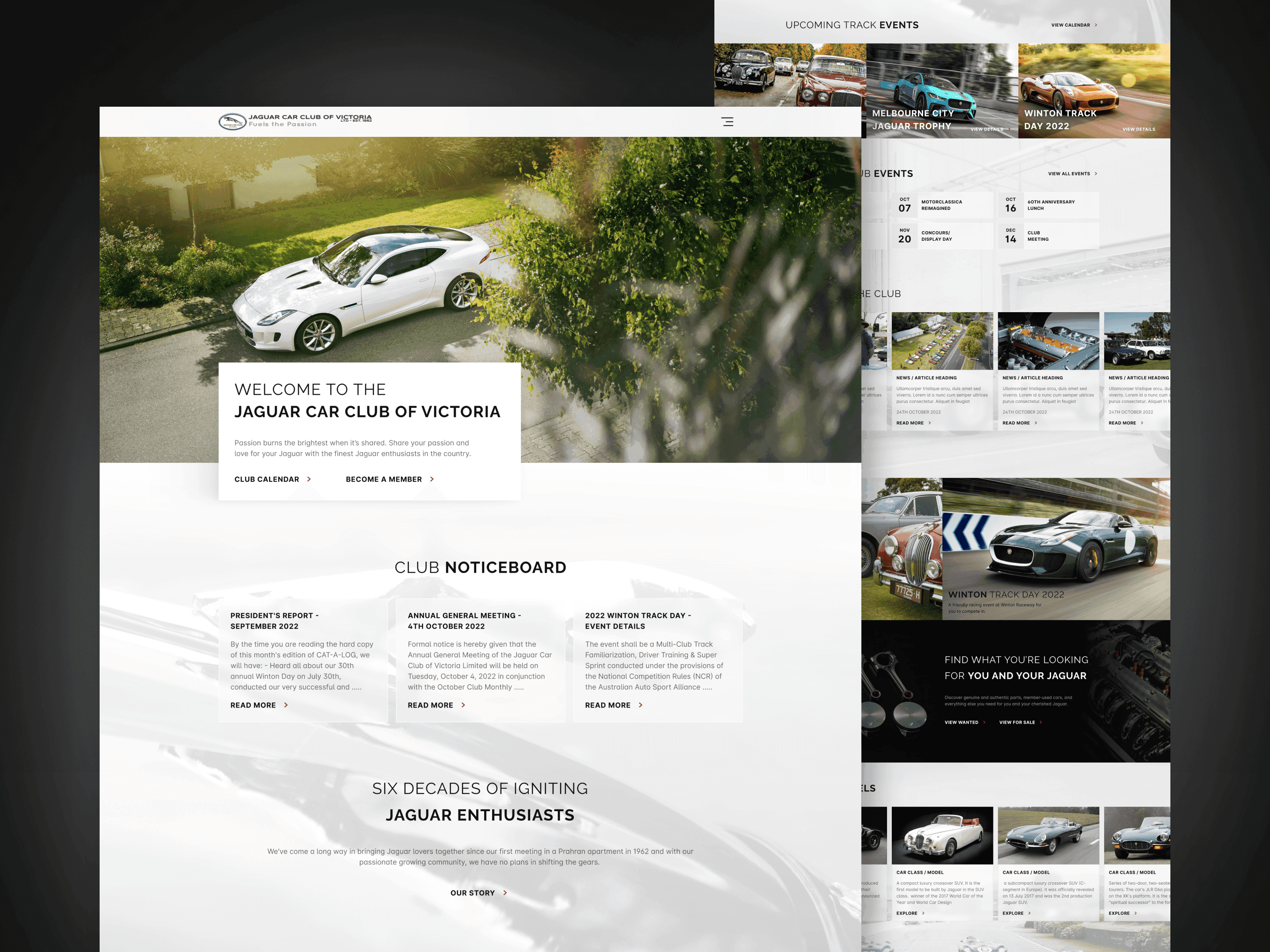 The redesigned home page: a white Jaguar F-Type in the hero with Club Calendar and Become a Member links, the club noticeboard below, and track events and news on a second page behind it.