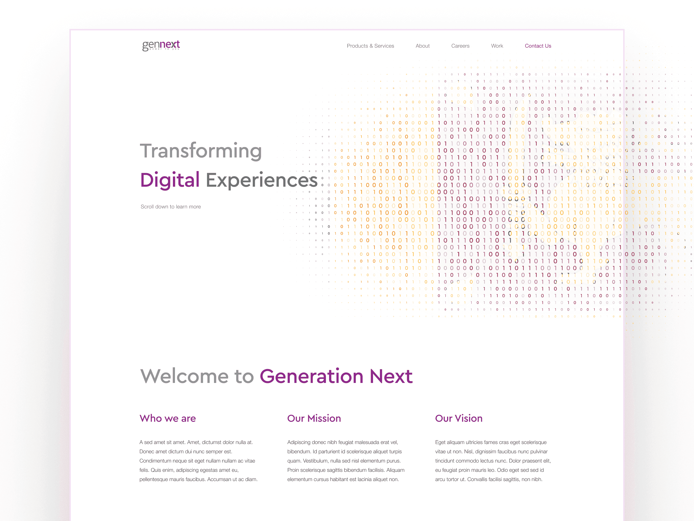 The Gennext landing page: Transforming Digital Experiences beside a field of purple and orange binary digits, with who we are, our mission and our vision below.